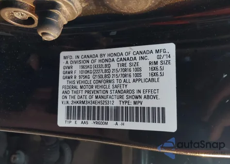 2014 Honda Cr-V Lx z USA, uszkodzony, nr VIN 2HKRM3H34EH525312